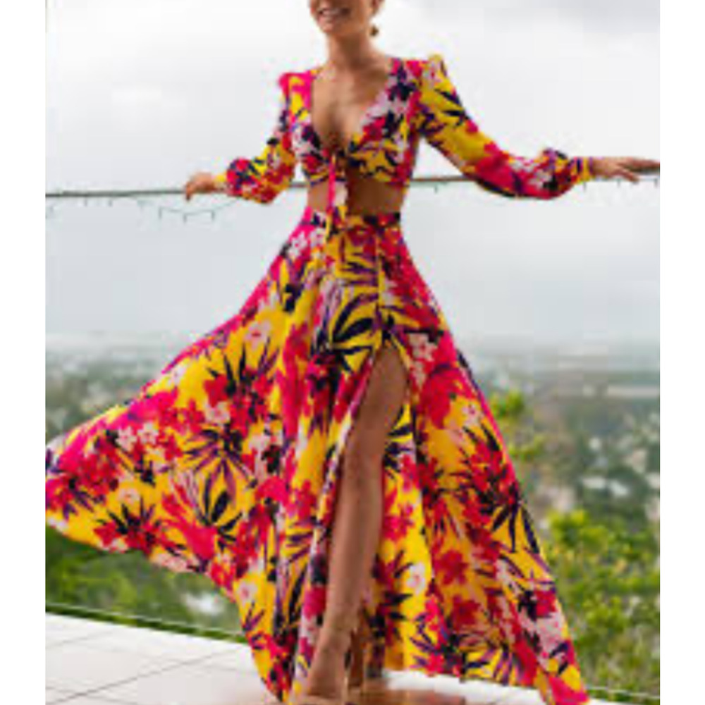 NADINE MERABI Size XS Camilla Pink Yellow Floral Flowy Front Slit Zip Maxi Skirt